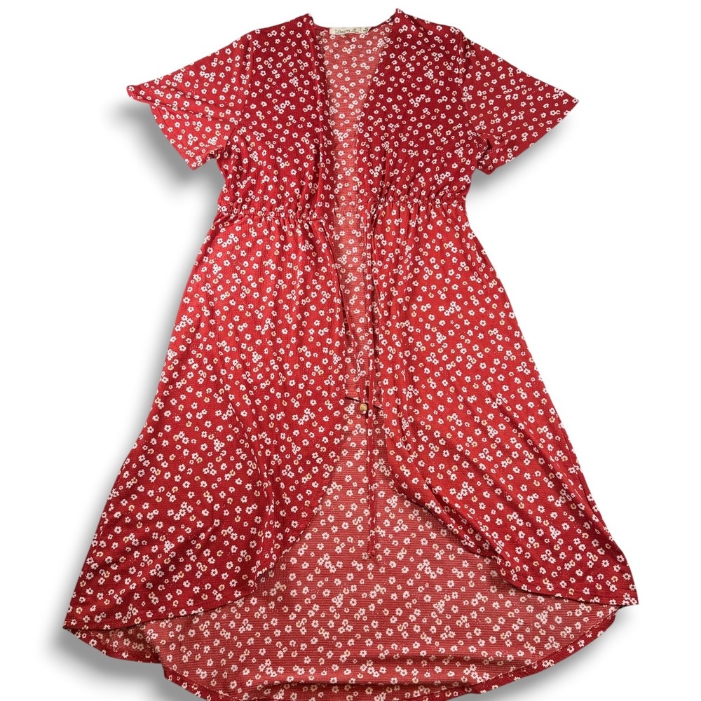 Rust Red Floral Beach Cover Duster Cardigan Kimono Short Sleeve‎ Drawstring XL